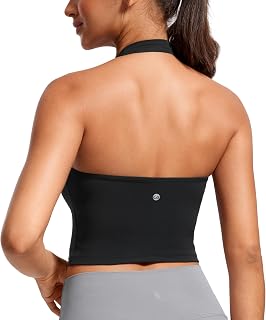 CRZ YOGA Butterluxe Halter Crop Tank Tops | Light Support, Removable Pads, Yoga, Extremely Soft, Open Back, Longline Sports Bras for Women