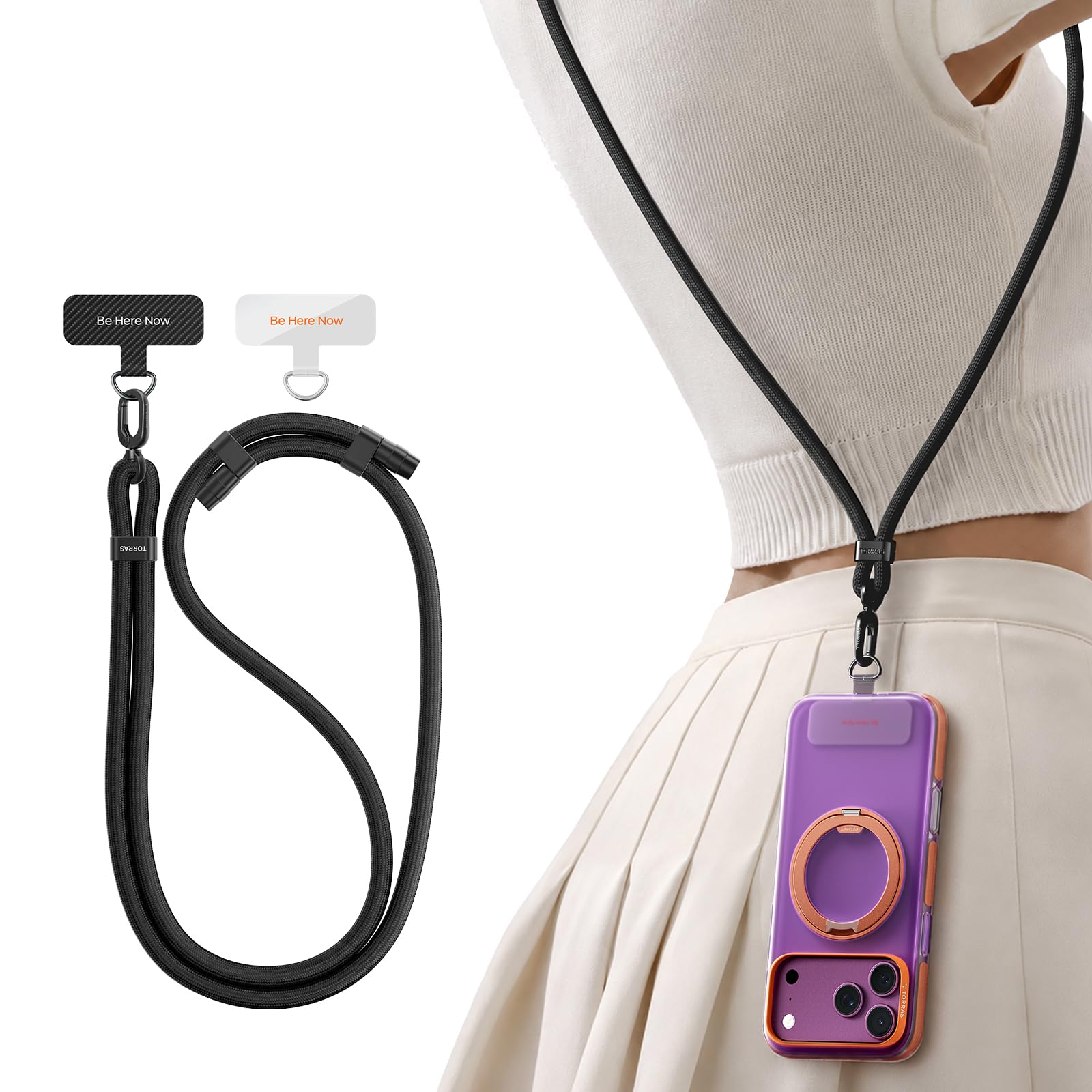 TORRAS Phone Lanyard Crossbody, Adjustable Anti-Theft Neck Strap, Black | 2 Teth
