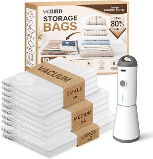 Vacbird Vacuum Storage Bags for Clothing Travel, 10 Pack Vacuum Bags with Rechargeable Cordless Air Pump(2 Large+4 Medium+4 Small), Compression Packing for Clothes Blanket Suitcase Luggage