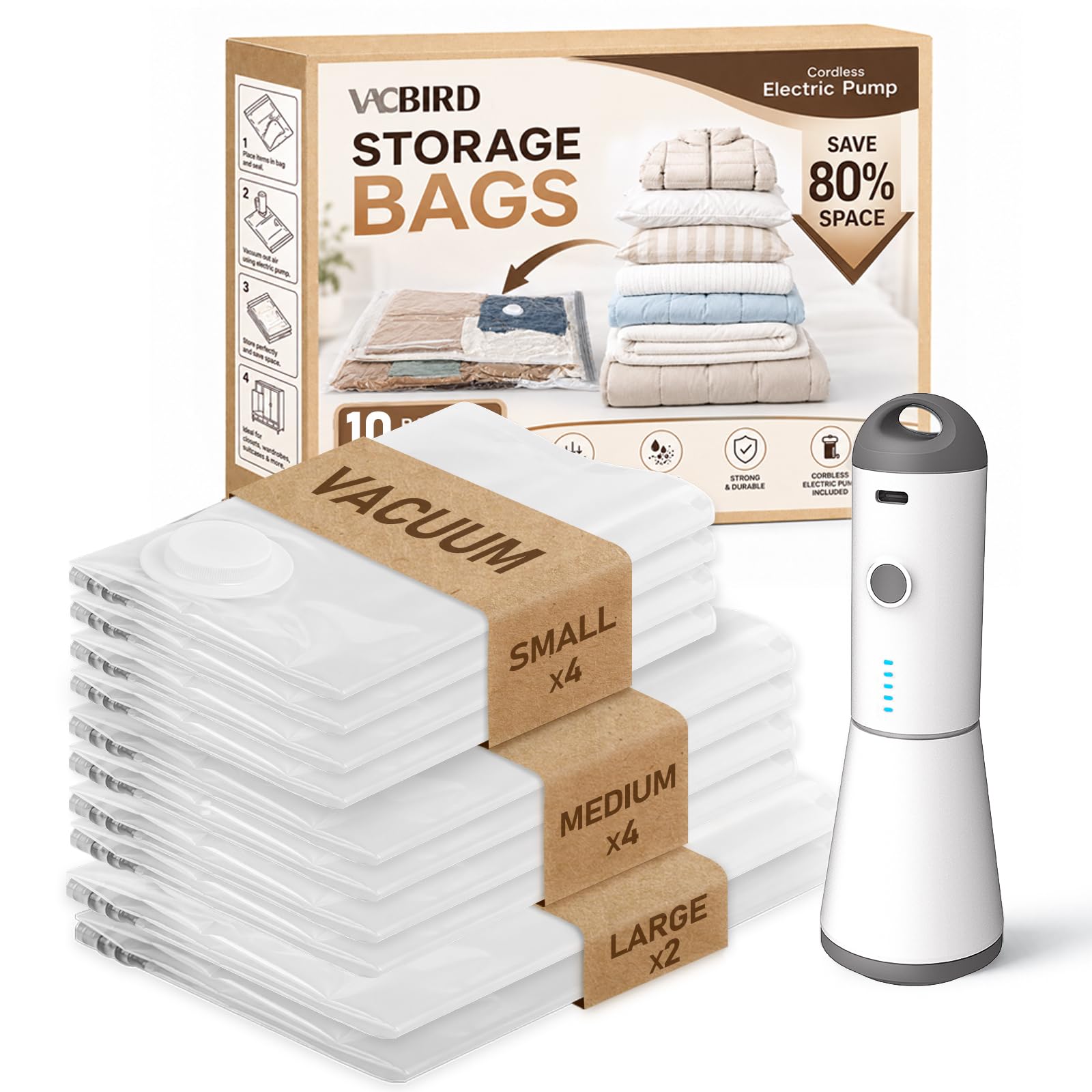 Vacbird Vacuum Storage Bags for Clothing Travel, 10 Pack Vacuum Bags with Rechar