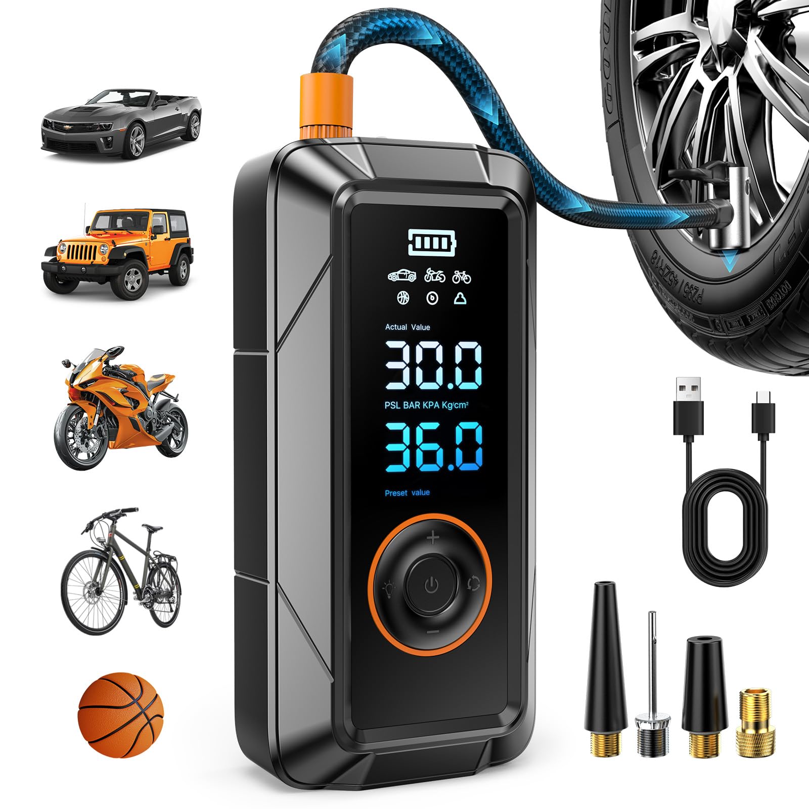 Tire Inflator Portable Air Compressor, Cordless & 12V DC Air Inflator for Car Bi