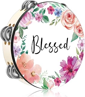 Fiada 10 Inch Adult Tambourine Double Row Jingle, Blessed | Church Christian Dance Tambourine, Percussion Instrument for Worship Praise Dance, Jingle Hand Bell Drum for Pray Party