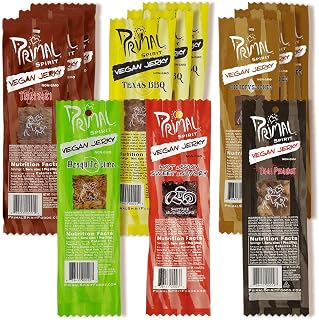 Primal Spirit Vegan Jerky - Most Popular Flavors Pack, 10 g. Plant Based Protein, ("The Classics" 3 Teriyaki, 3 Hickory Smoked, 3 Texas BBQ, 1 Thai Peanut, 1 Hot & Spicy, 1 Mesquite Lime, 12-Pack, 1 o