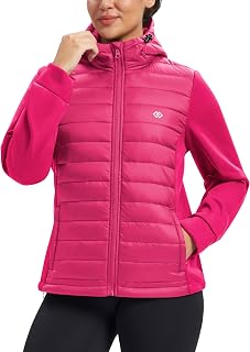 MoFiz Womens Fleece Lined Softshell Jacket Hooded Lightweight Insulated Puffer Hybrid Down Jacket Full Zip Running Coat