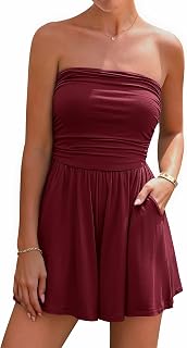 BTFBM Strapless Tube Romper for Women Summer One Piece Ruffle Boho Beach Shorts Romper with Pockets