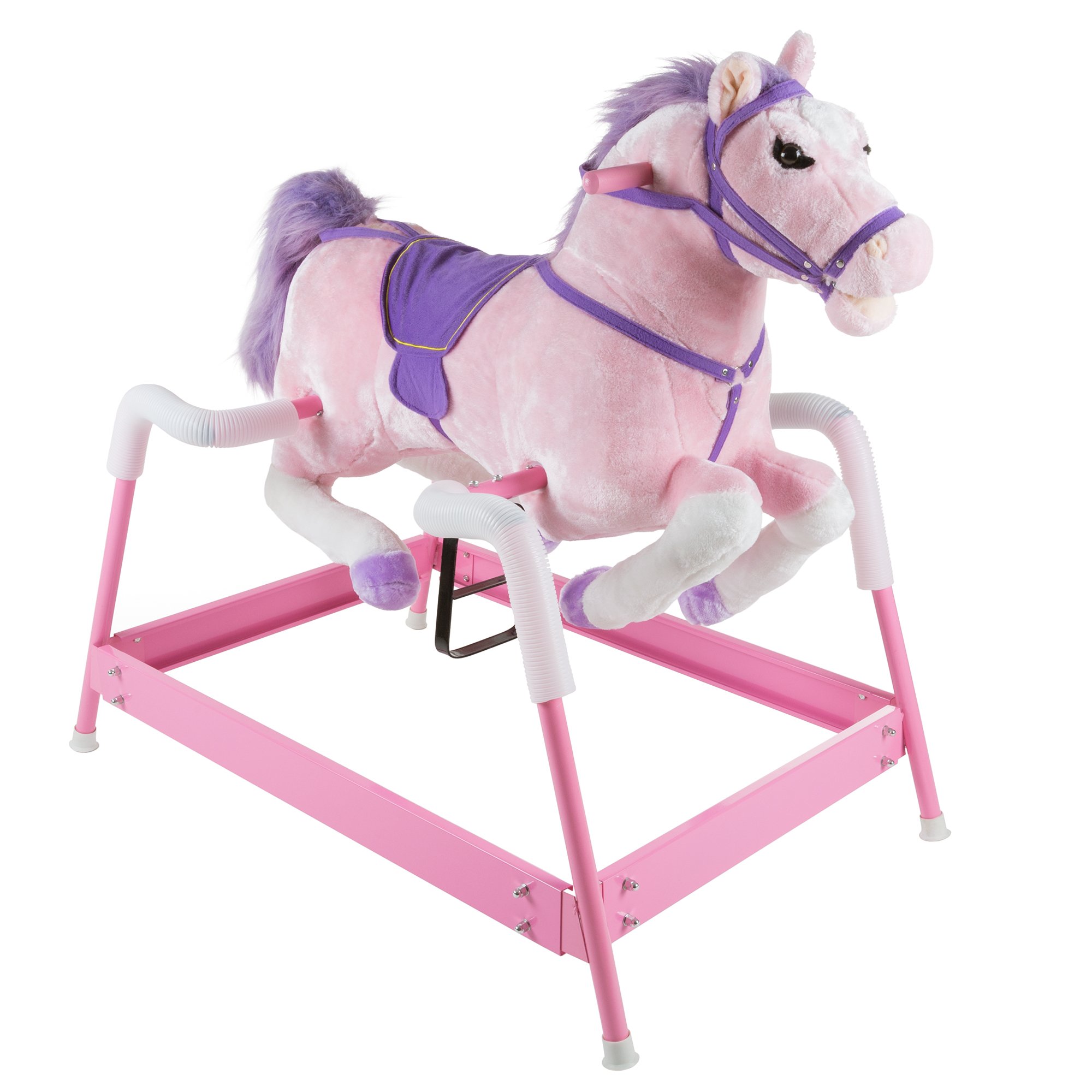 Happy Trails Spring Rocking Horse, Pink, 29” x 11” x 25” | Plush Bouncy Ride-On 