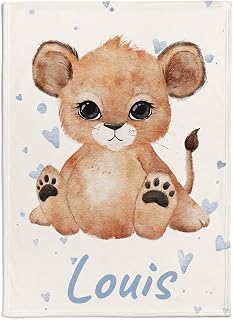 Personalised baby blanket with cub and small hearts, choice of name and colour