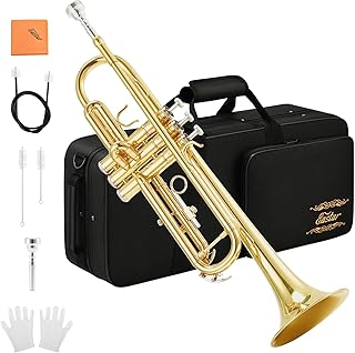 Eastar Bb Standard Trumpet Set for Beginner, Brass Student Trumpet Instrument with Hard Case, Cleaning Kit, 7C Mouthpiece and Gloves, ETR-380, Golden