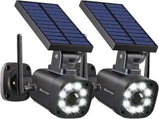 Techage SL669 Solar Battery Powered Fake Security Camera Motion Light Black | Cast Metal Housing, PIR Motion Detection, Realistic Look, IP66 Waterproof, Easy Install, Warning Sticker Included, 2 Pack