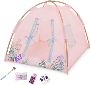 Our Generation Doll Tent Playset, Camping Nights, 18-Inch Camping Toy | Pink camping tent with floral print, 13 assembly pieces, marshmallows, roasting stick, cards for pretend play, 3+ Years
