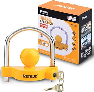 RETRUE Universal Trailer Coupler Hitch Lock, Adjustable, Heavy-Duty, Yellow | Fit 1-7/8 Inch, 2 Inch, 2-5/16 Inch Couplers, Weather-Resistant, for RVs, Boats, Trucks, Anti-Theft Tongue Lock with Keys