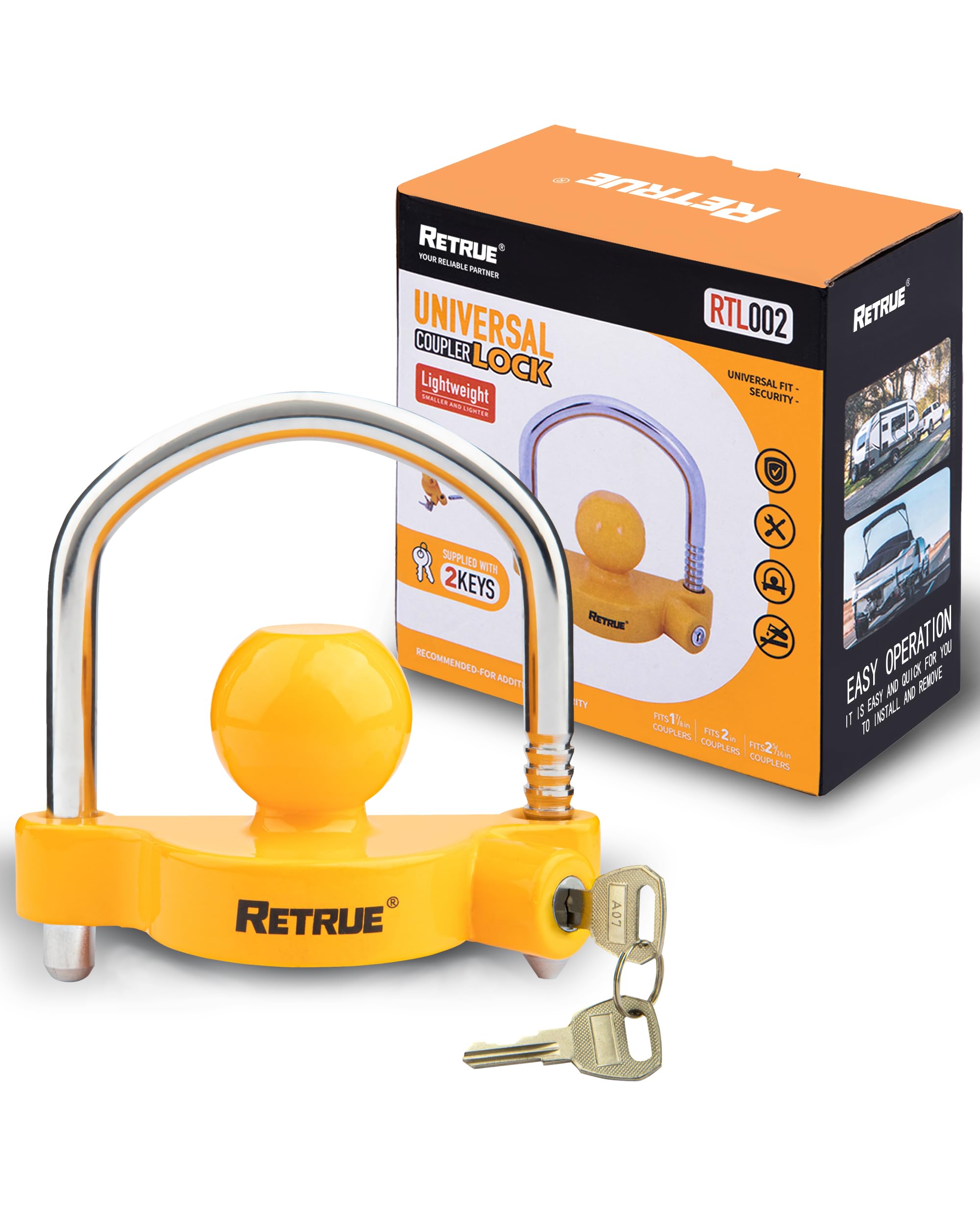 RETRUE Universal Trailer Coupler Hitch Lock, Adjustable, Heavy-Duty, Yellow | Fi