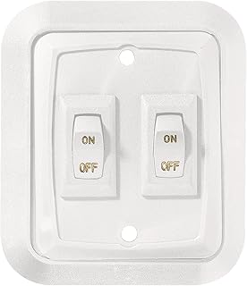 RV Designer S657 White Double Wall Plate Switch w/Raised Bezel On/Off SPST | Double SPST On/Off wall plate switch includes raised bezel, plate and switch for RV lighting, entry steps &amp; appliance control
