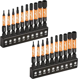 toolant Impact Allen Wrench Drill Bit Set, 20-Piece Metric & SAE, 2-Inch | S2 steel magnetic bits with 1/4-inch hex shanks; includes 4 mini L-shaped hex keys and labeled holders in a storage case