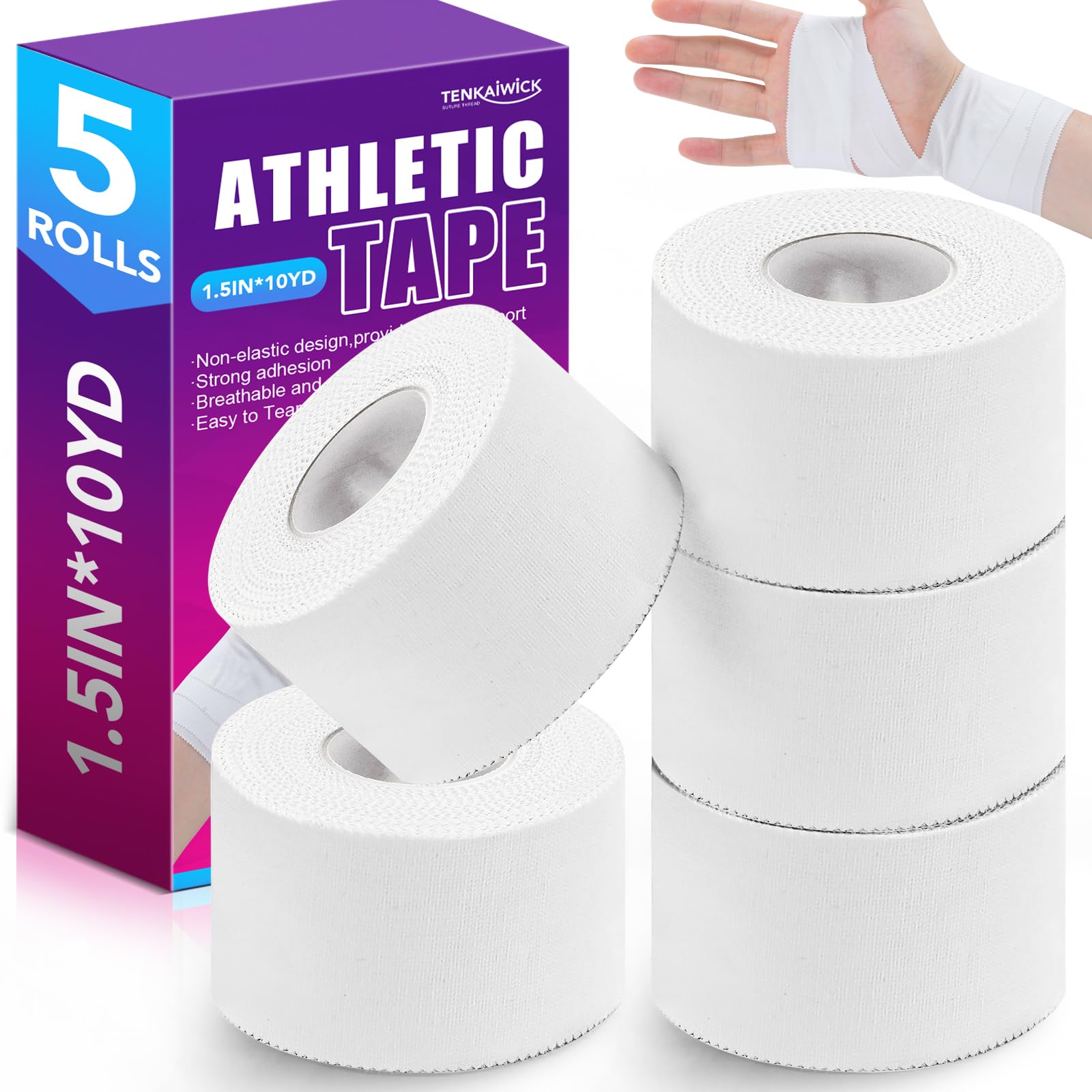 5 Rolls Athletic Tape White No Sticky Sports Tape for Wrist Ankle Protection 1.5