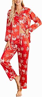 Ekouaer Ladies Satin Pyjamas Long Sleeve Button Down Nightwear V Neck Two Piece Set