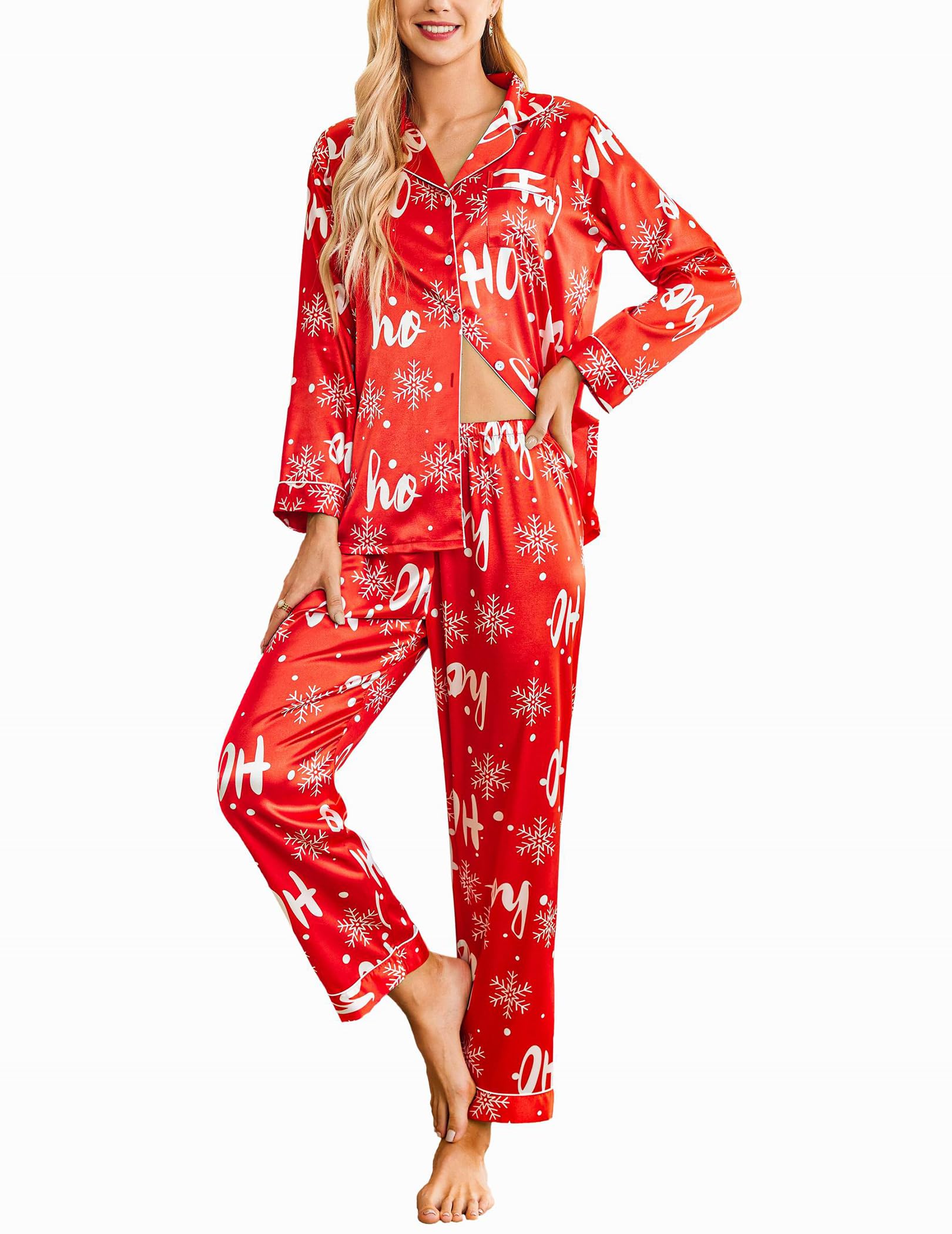 Ekouaer Ladies Satin Pyjamas Long Sleeve Button Down Nightwear V Neck Two Piece 