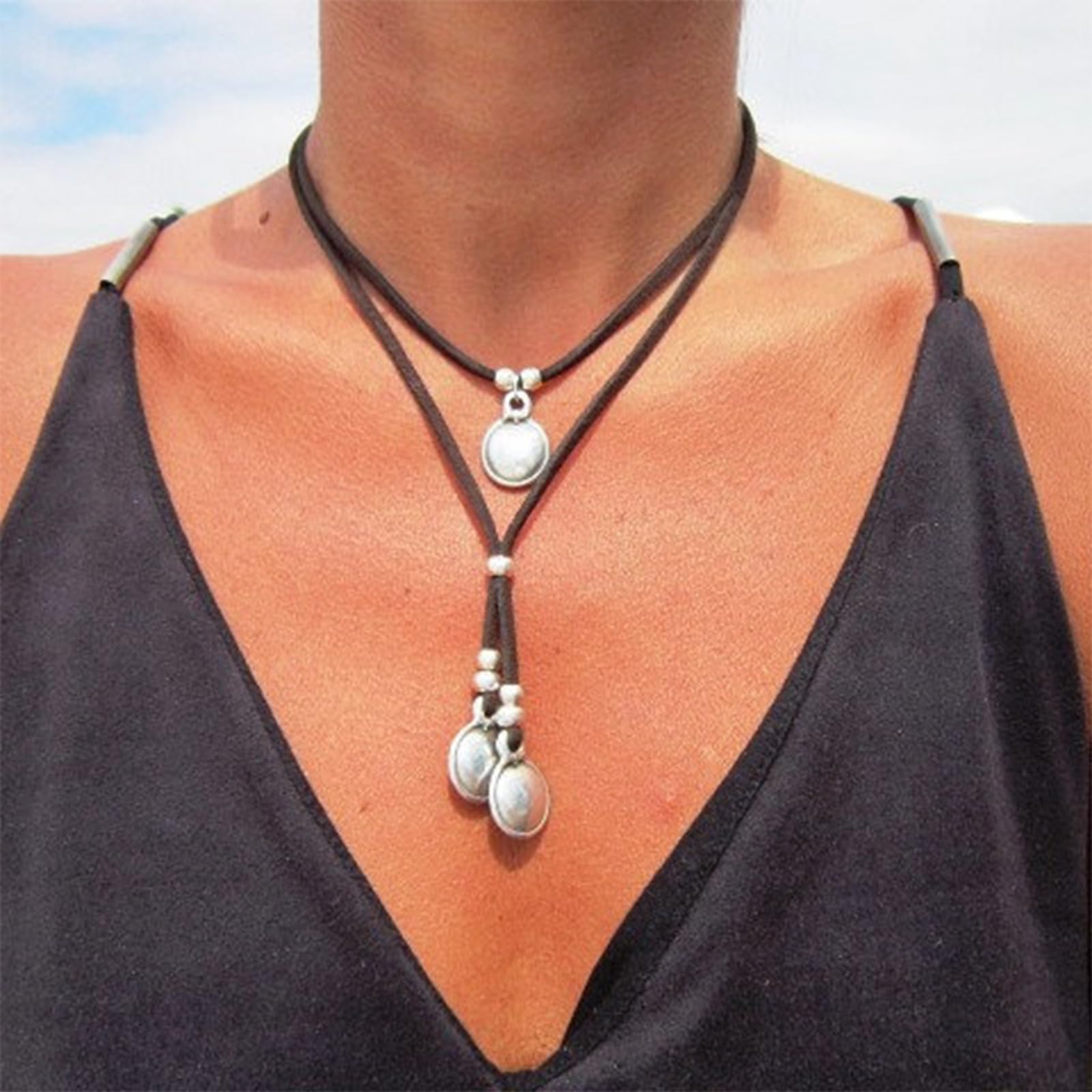 Turquoise Beads Choker Necklace Adjustable Layered Bohemian Jewelry with Suede C