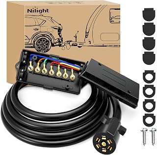 Nilight Heavy Duty 7 Way Inline Trailer Plug Extension 8FT w/Junction Box | Waterproof 7Pin RV Round Wiring Harness Extend Vehicle and Trailer Side Towing Car Color Coded for Campers Caravans Vans