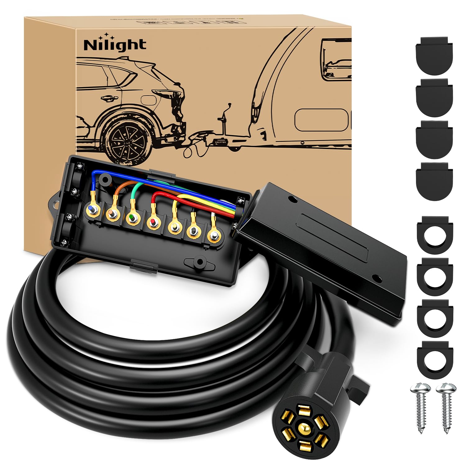 Nilight Heavy Duty 7 Way Inline Trailer Plug Extension 8FT w/Junction Box | Wate