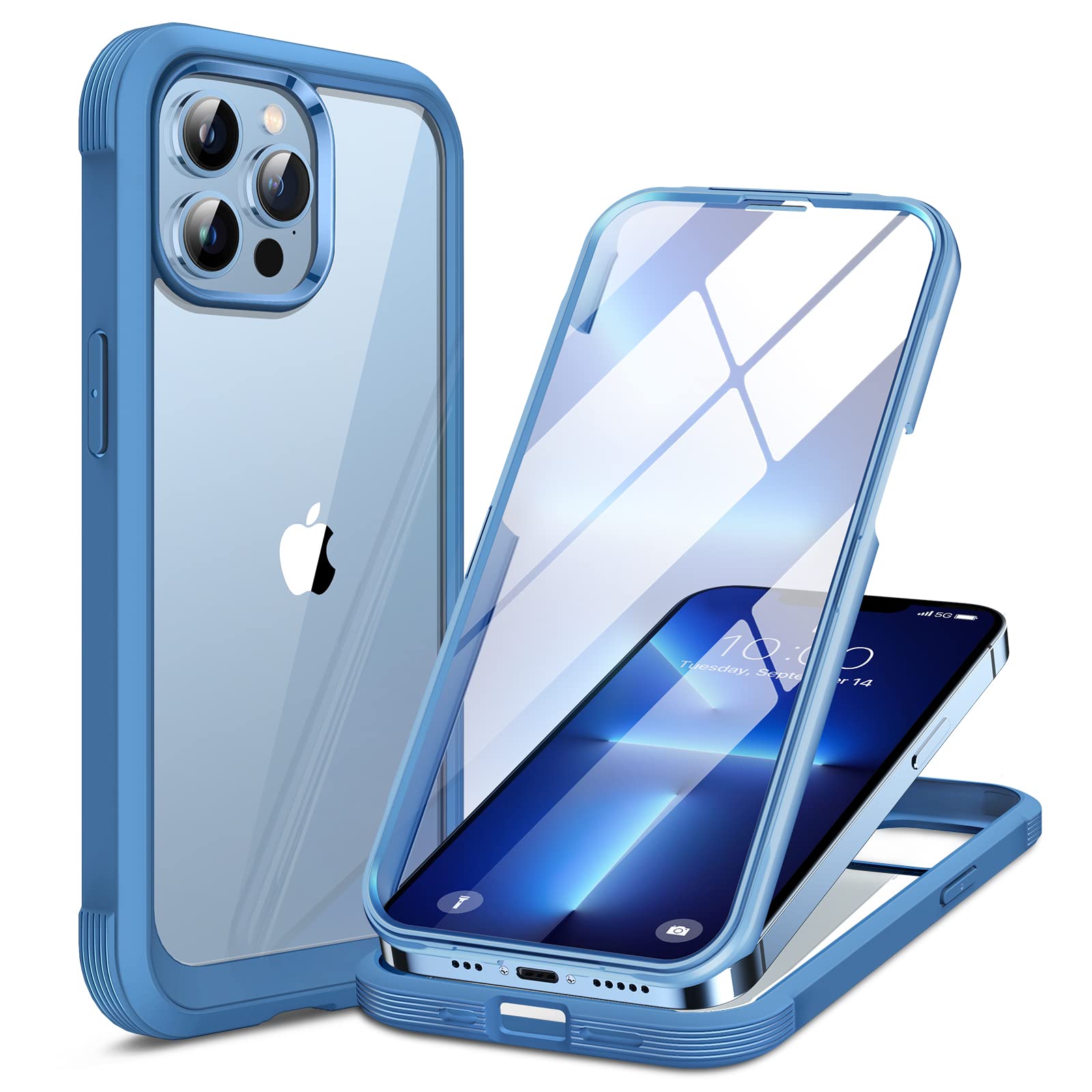 Miracase Glass Case for iPhone 13 Pro Max 6.7 inch, 2021 Upgrade Full-Body Clear Bumper Case with Built-in 9H Tempered Glass Screen Protector for iPhone 13 Pro Max, Capri Blue