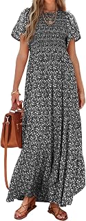 PRETTYGARDEN Women's Smocked Top Spring Dresses for Women 2024 Short Sleeve Floral Maxi Dress for Women Modern