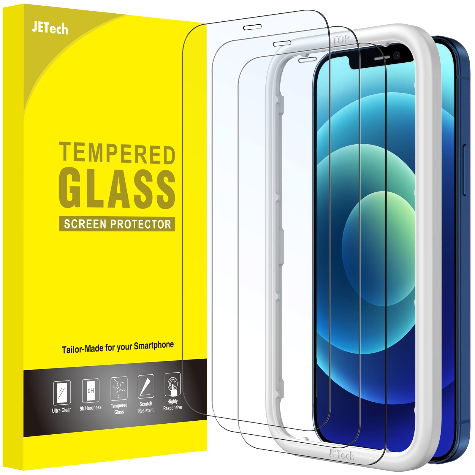 JETech Full-Coverage Screen Protector for iPhone 12/12 Pro, 3-Pack