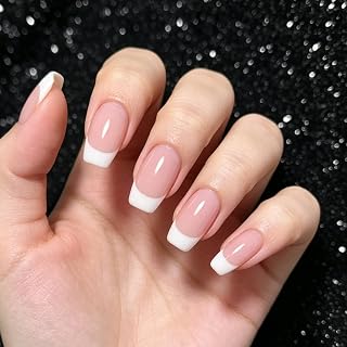 Medium Press Nail Pink Orange White French Fake Nails Full Cover Acrylic Nail Tips Artificial Square Fake Nails for Home Office Daily Stick On Nails 24pcs/kit