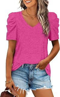 XIEERDUO Womens Summer Shirt V Neck Casual Tshirts Puff Sleeve Tops for Women Solid Color XS-3XL