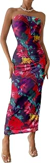 PRETTYGARDEN Women Summer Dress for Wedding Strapless Maxi Bodycon Long Floral Mesh Beach Holiday Party Dress