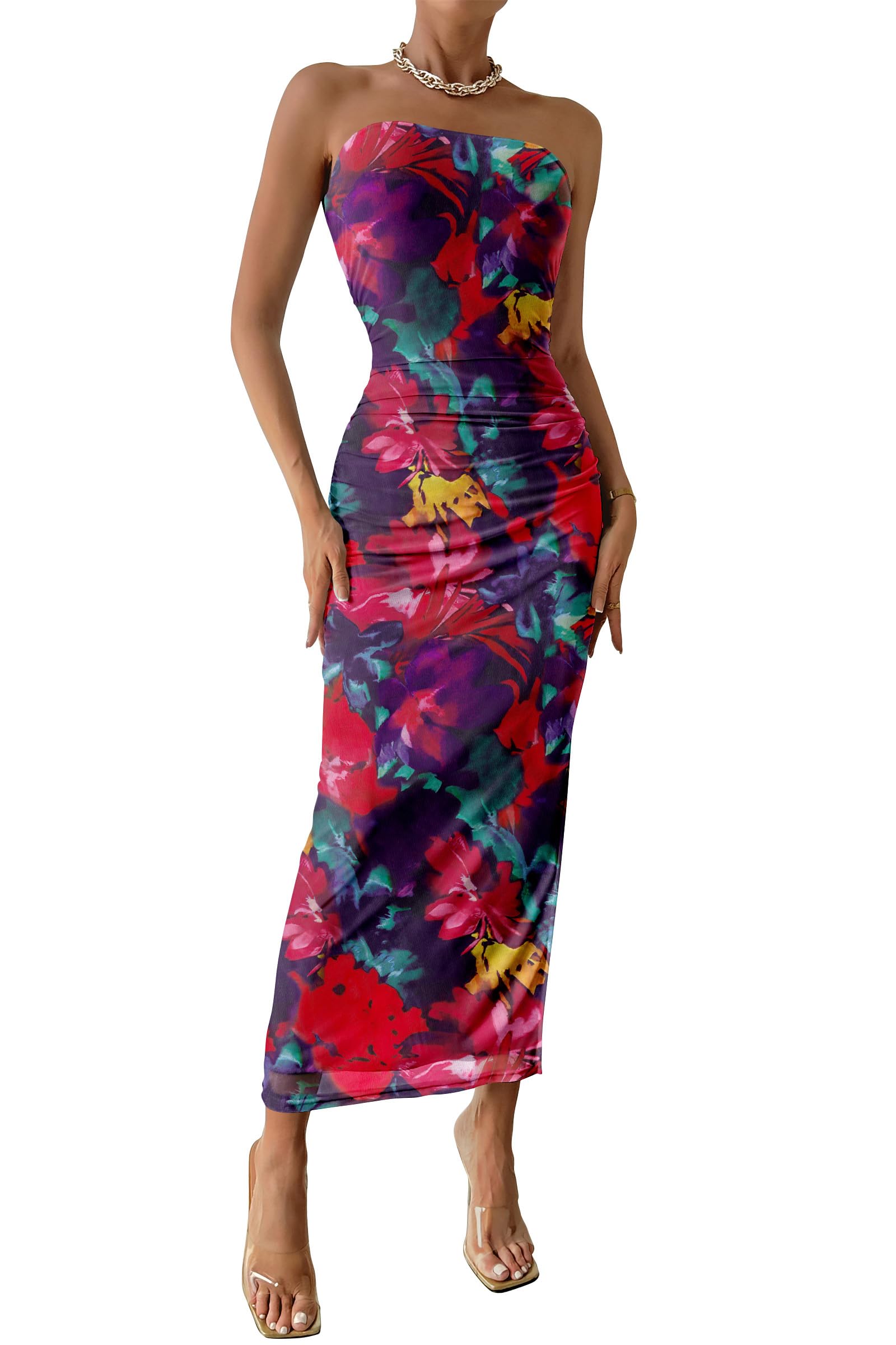 PRETTYGARDEN Women Summer Dress for Wedding Strapless Maxi Bodycon Long Floral M