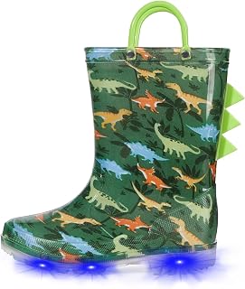 Toddler Kids Light-Up Rain Boots | Waterproof, Glitter, Cartoon Pattern, Easy-On Handles, LED Flashing Non-Slip Sole, Puddle Play, Outdoor, Children Girls Boys
