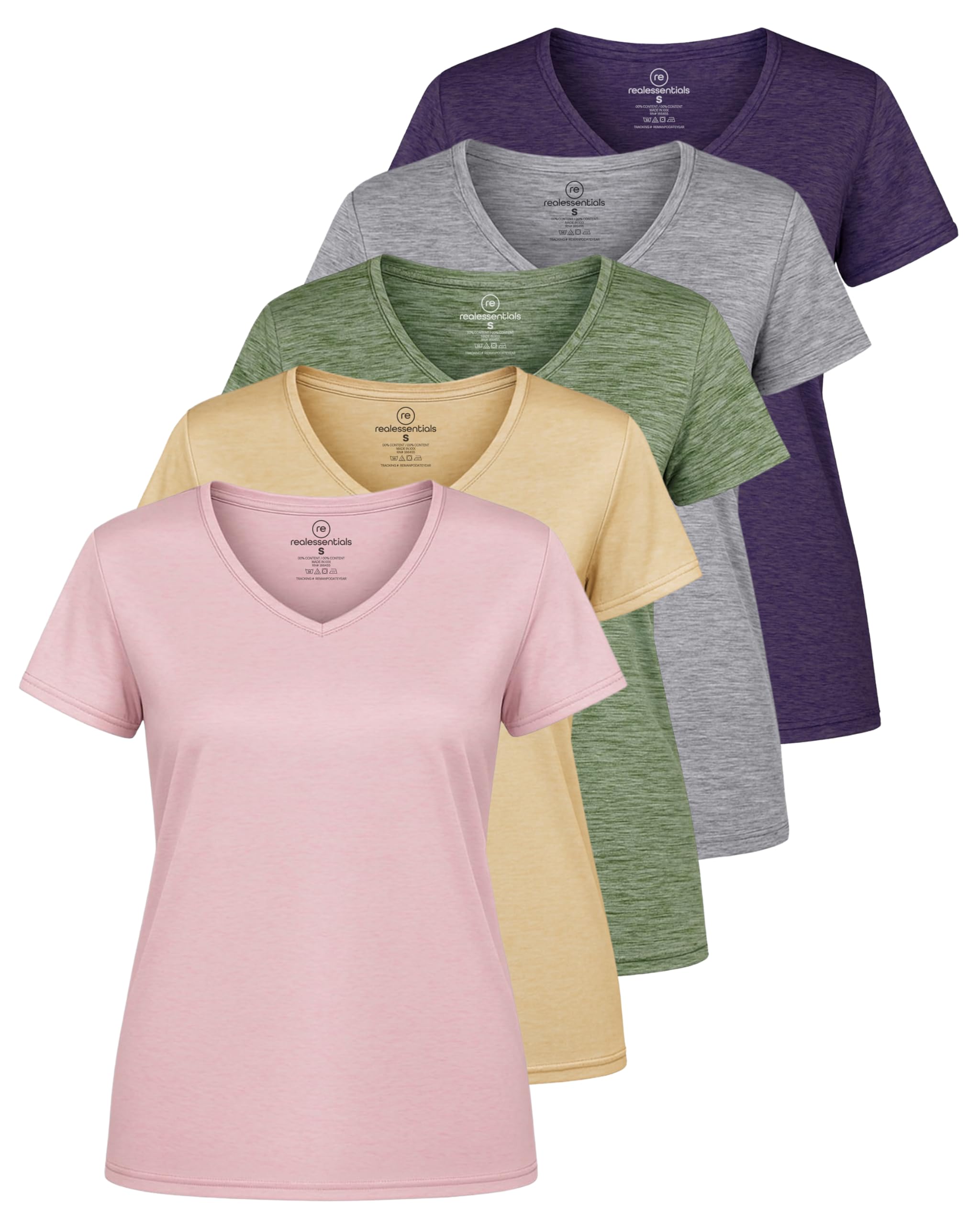 Real Essentials 5 Pack: Women's Dry-Fit Short Sleeve V Neck T Shirt Workout Fitn