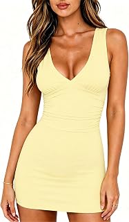 ForeFair Womens Deep V Neck Bodycon Mini Dress Double Lined Ruched Sleeveless Tank Dresses Going Out Party Club Dress