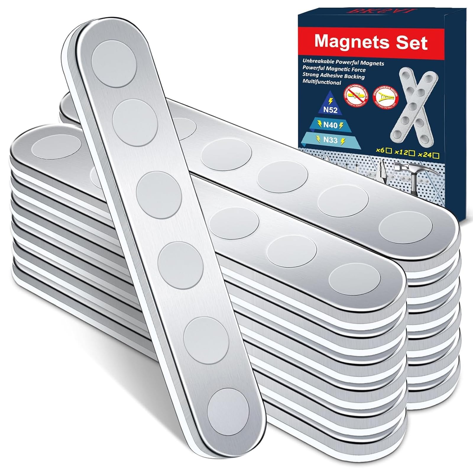 BKSAI Unbreakable Strong Magnet, 12 Pcs Self-Adhesive Neodymium Bar Magnets | Po