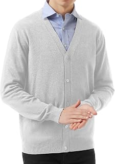 QUALFORT Men's 100% Cotton V Neck Button Front Cardigan Jumper with Pockets