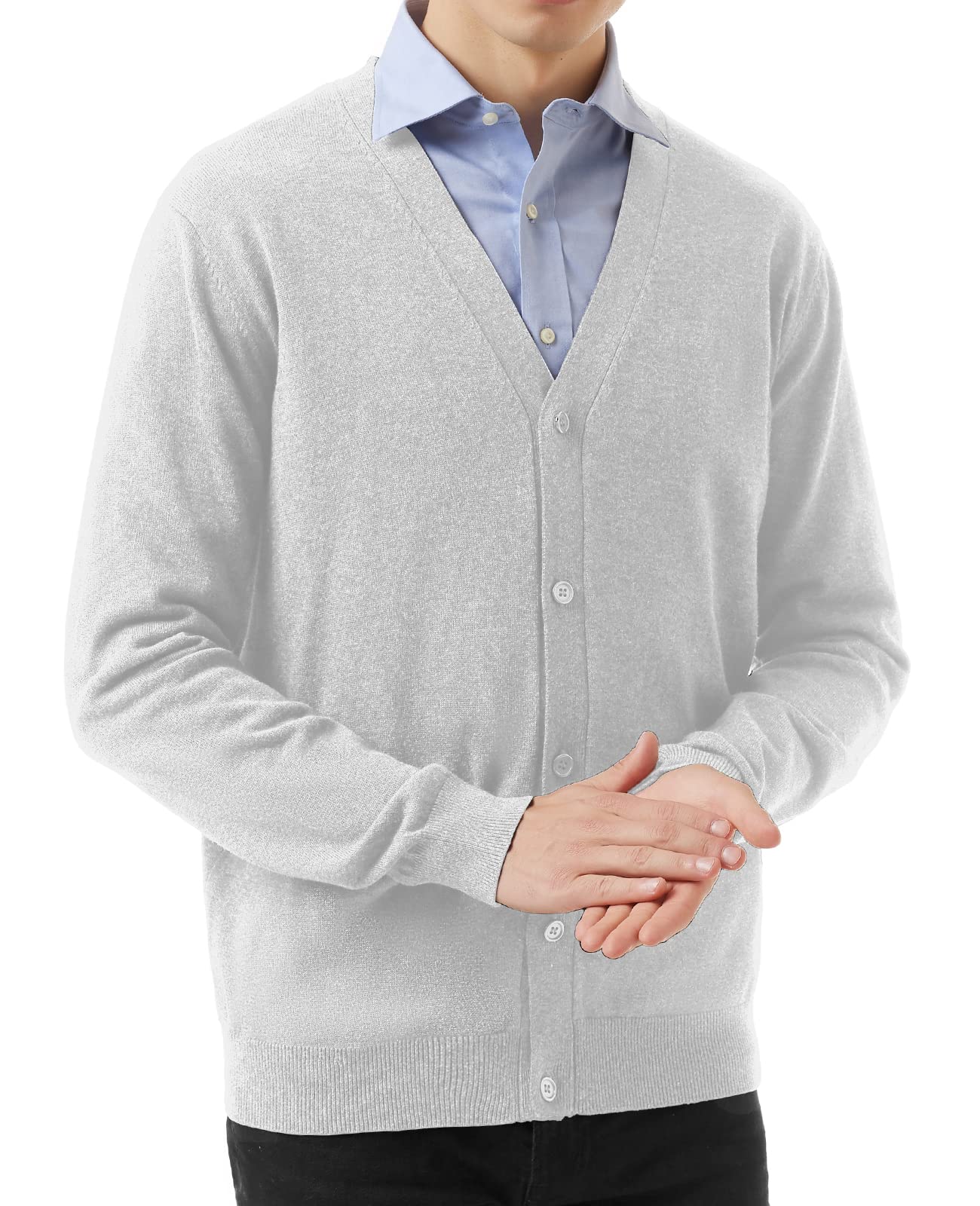 QUALFORT Men's 100% Cotton V Neck Button Front Cardigan Jumper with Pockets