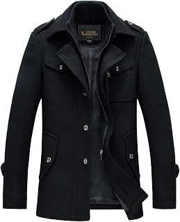 chouyatou Men's Stand Collar Wool-Blend Classic Pea Coat with Removable Inner Collar
