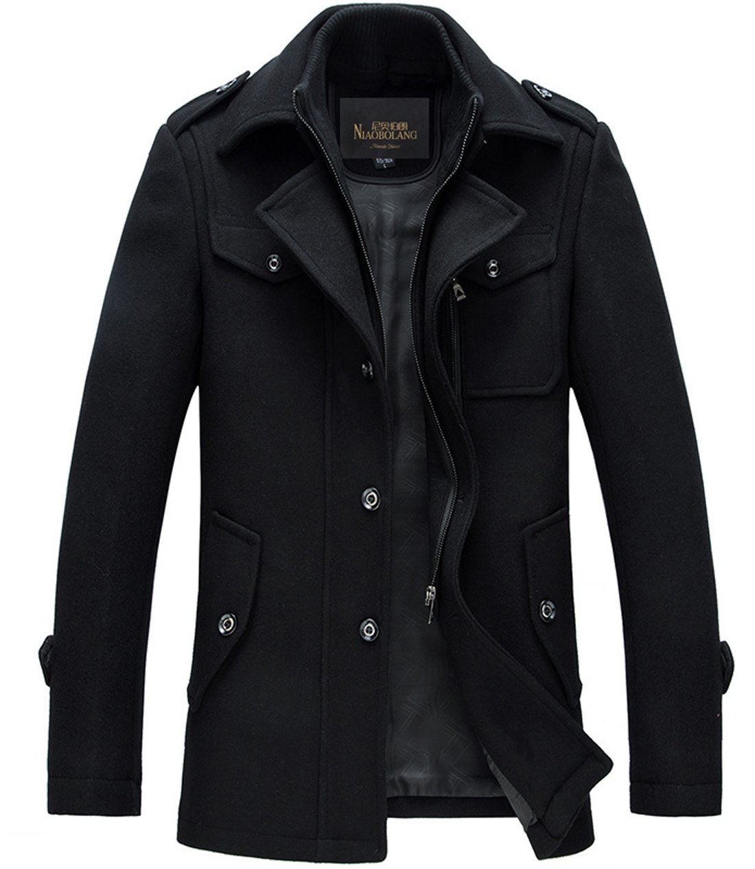 chouyatou Men's Stand Collar Wool-Blend Classic Pea Coat with Removable Inner Co