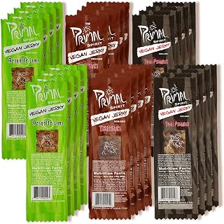 Primal Spirit Vegan Jerky - Seitan Power Pack, 10 g. Plant Based Protein, Certified Non-GMO, No Preservatives ("The Classics" Teriyaki, Thai Peanut, and Mesquite Lime, 24-Pack, 1 oz)