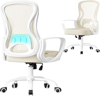 SONGMICS OBN043LH02 Ergonomic Office Chair, Mesh Swivel Desk Chair, Lumbar Support, Oscillating Function, Armrests, Study Bedroom, Cappuccino Beige and Cloud White