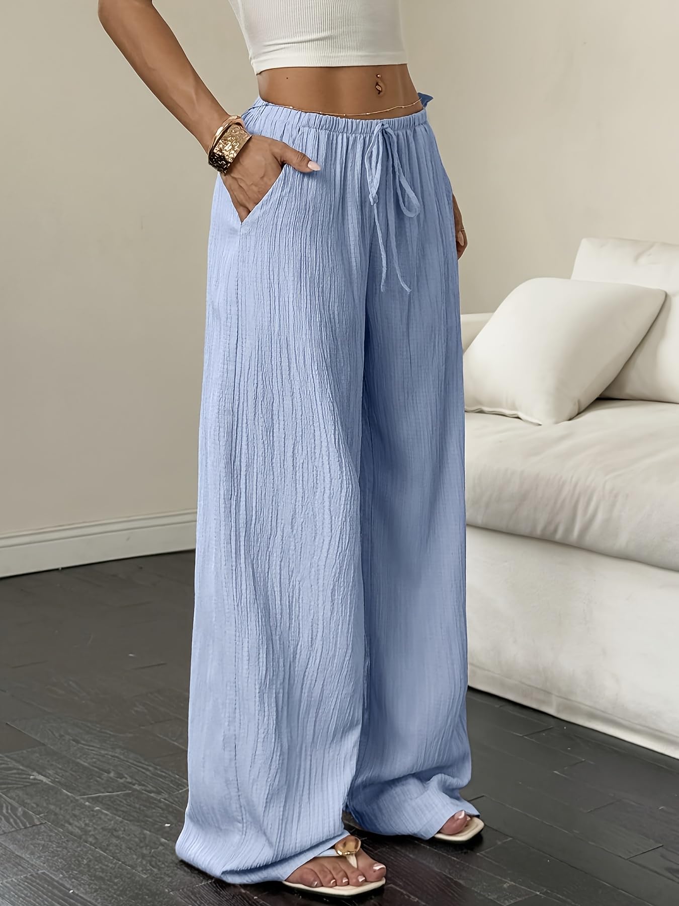 Womens Textured Wide Leg Pants Elastic Waist Drawstring Pants with Pockets Loose