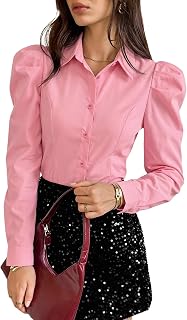 Floerns Women's Elegant Puff Long Sleeve Collared Shirts Dressy Blouse Top