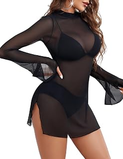 Avidlove Mini vestidos de malla para mujer, mangas acampanadas, cuello alto, vestido de lencería dividido, para vacaciones, fiestas, club