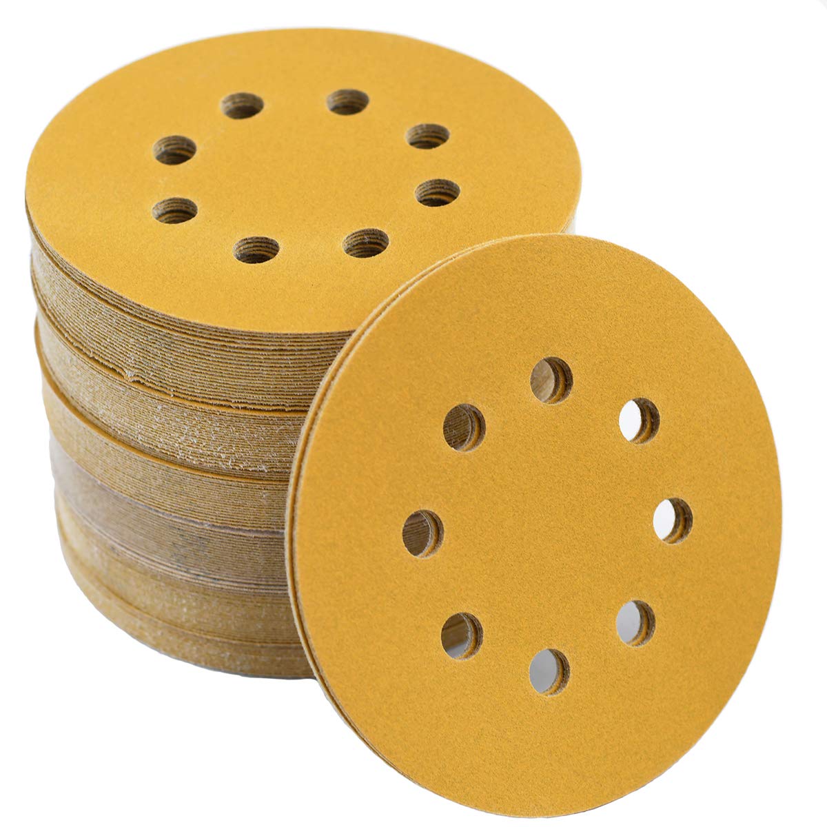Aiyard 5-Inch 8-Hole Hook and Loop Sanding Discs 220-Grit, 100-Pack | Random Orb