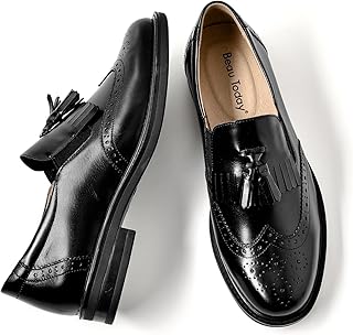 BEAU TODAY Tassel Loafers for Women,Leather Brogue Dress Shoes,Wingtips Oxford for Women,Breathable Comfortable Slip-on Lace-up Handmade Flat Shoes for Business Work