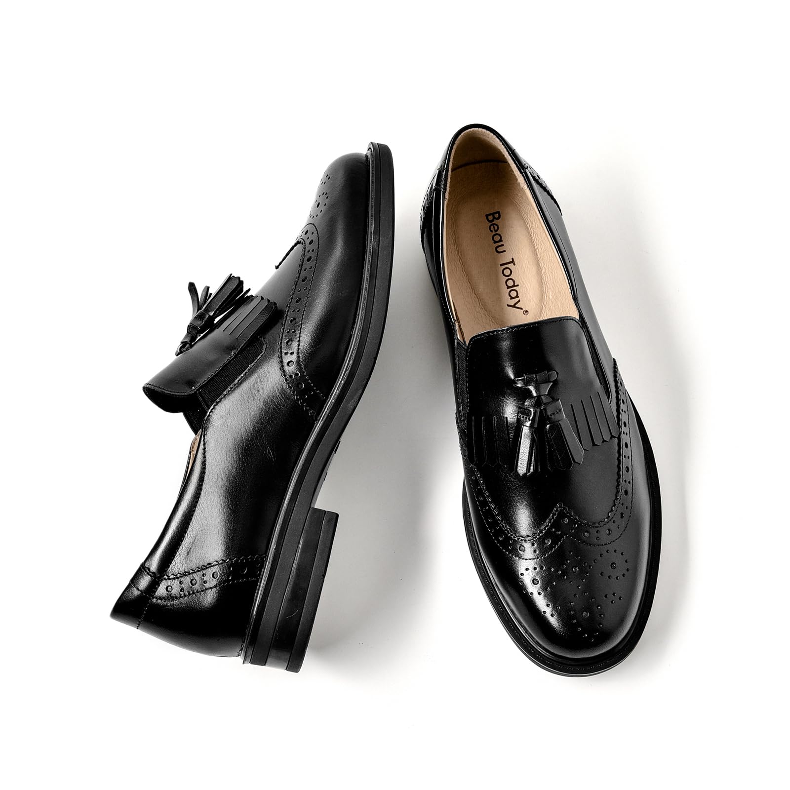 BEAU TODAY Tassel Loafers for Women,Leather Brogue Dress Shoes,Wingtips Oxford f