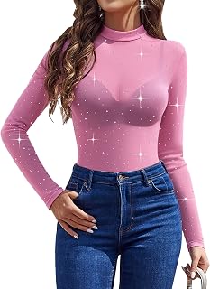 Avidlove Women Mesh Tops Clear Rhinestone Tops for Women Long Sleeve See Through Mock Neck Shirt T-Shirts Blouses S-XXL