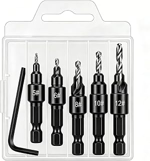Countersunk Drill Bit Set for Wood 3 in 1 Woodworking Countersunk Drill Bits Set with Adjustable Depth Stop #5 #6 #8 #10 #12 82 Degree Chamfer 1/4" Hex Shank Quick Change
