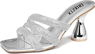 Women's Square Toe Kitten Heels, Rhinestone Mules Sandals